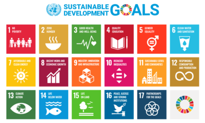 Diagram met de 17 duurzame ontwikkelingsdoelen door de V.N. op 25 September 2015 aangenomen als deel van de 2030 Agenda